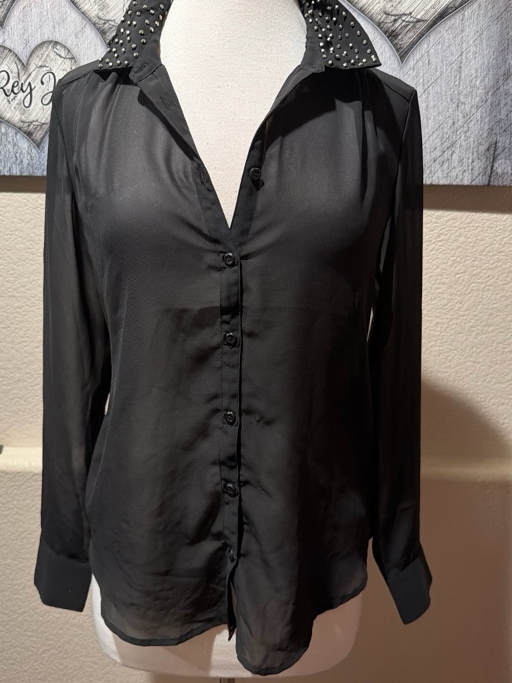 Guess Black Satin Button-Down Shirt with Studded Collar
